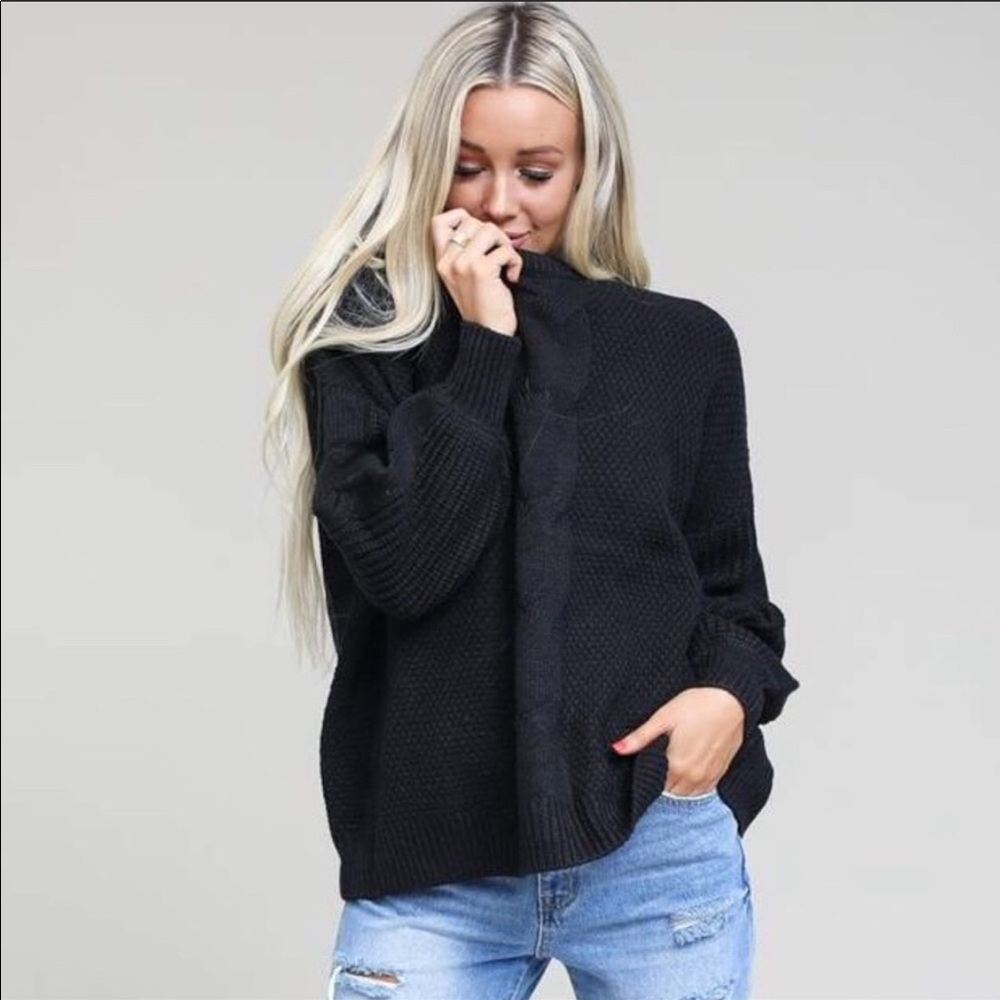 Chunky Cable Knit Balloon Sleeve Sweater in Black Sz Large - Picture 1 of 3